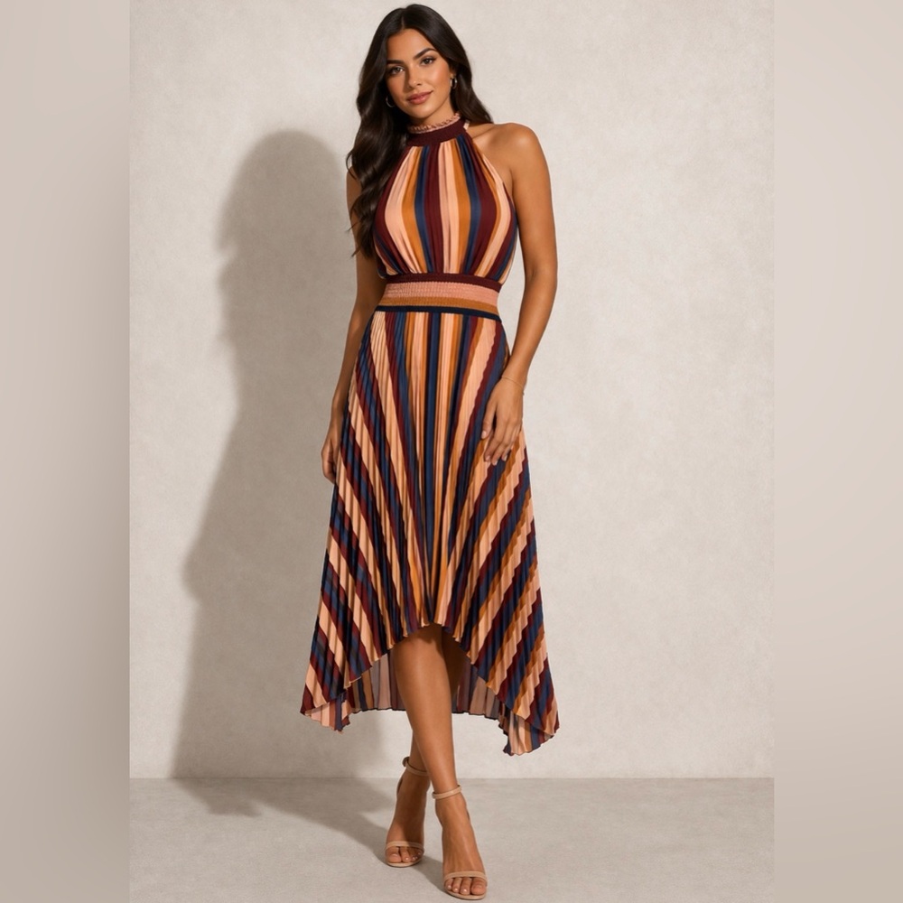 Vici Multicolor Stripe Hankerchief Pleated Dress | New | Size Medium